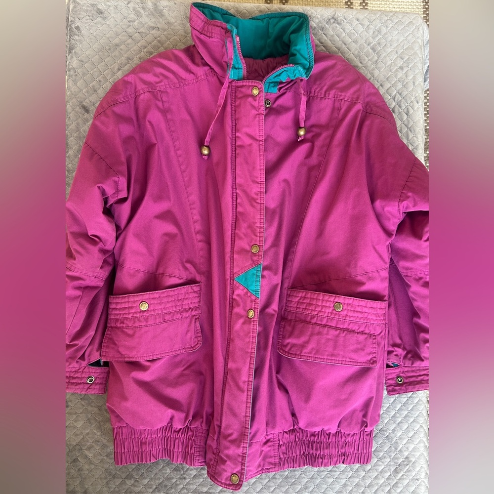 Vintage 90s Magenta Teal Colorblock Jacket Quilted Lined Utility Pockets Size L